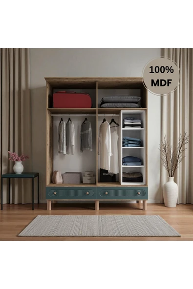 Home Comiet Sally 4 Kapaklı Mdf Çekmeceli Yeşil Gardırop - Resim 3