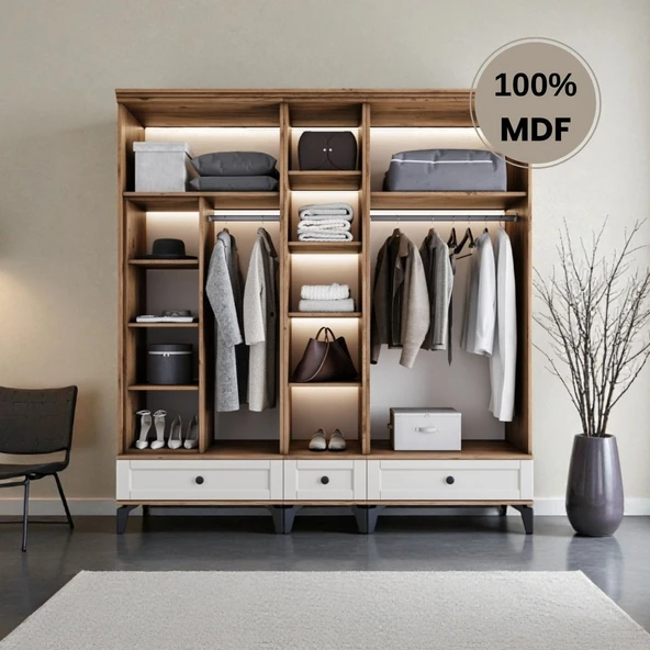 comiet Silva 5 Kapaklı Çekmeceli ayaklı tasarım country MDF Gardırop - Resim 3