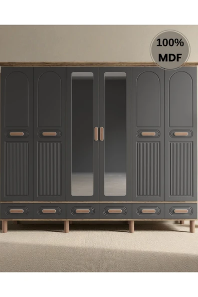 Home Comiet Perry 6 Kapaklı Aynalı Çekmeceli MDF Gardırop - Resim 2