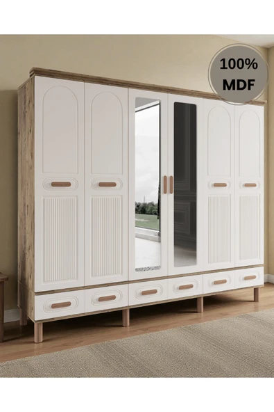 Home Comiet Perry 6 Kapaklı Aynalı Çekmeceli MDF Gardırop - Resim 2