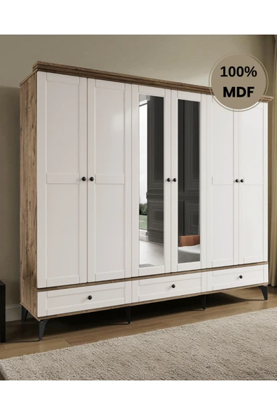 comiet Silva 6 Kapaklı Çekmeceli ayaklı tasarım country MDF Gardırop - Resim 2