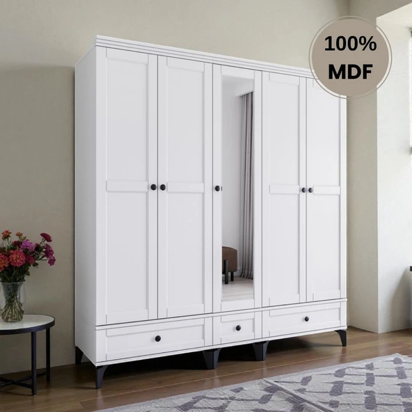 comiet Silva 5 Kapaklı Çekmeceli ayaklı tasarım country MDF Gardırop - Resim 2
