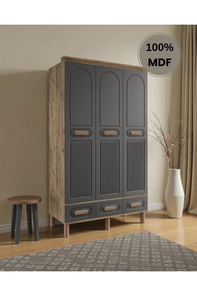 Home Comiet Pera 3 Kapaklı MDF Çekmeceli Antrasit Gardırop - Resim 2