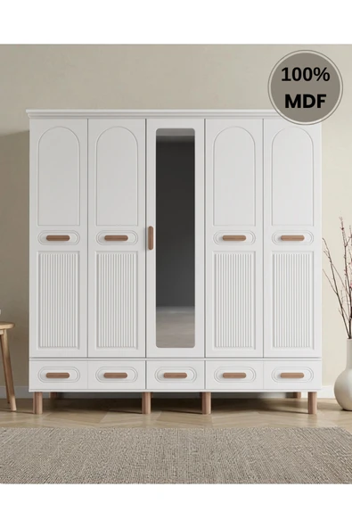 Home Comiet Perry 5 Kapaklı Aynalı Çekmeceli MDF Gardırop - Resim 2
