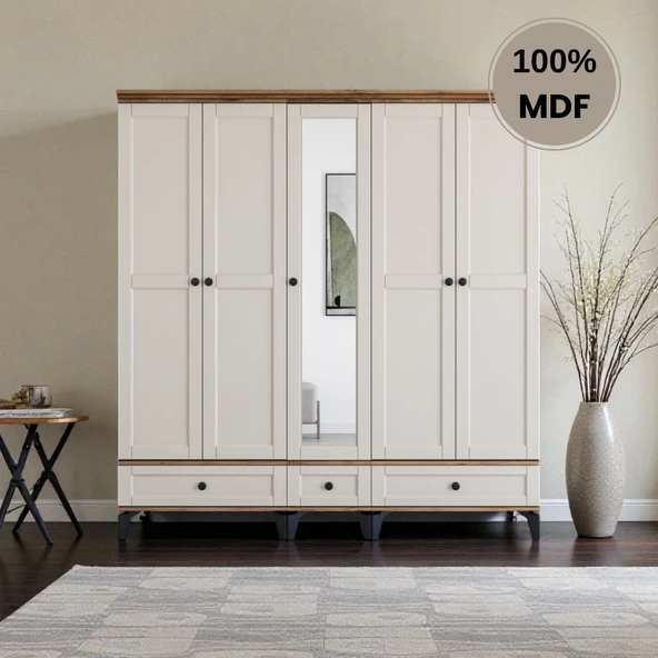 comiet Silva 5 Kapaklı Çekmeceli ayaklı tasarım country MDF Gardırop - Resim 2