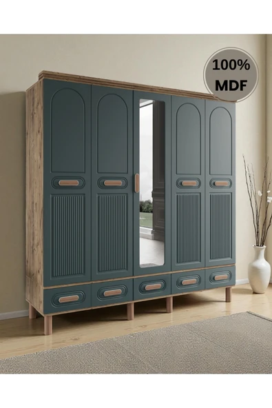 Home Comiet Perry 5 Kapaklı Aynalı Çekmeceli MDF Gardırop - Resim 2