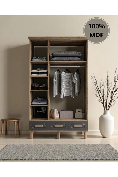 Home Comiet Pera 3 Kapaklı MDF Çekmeceli Antrasit Gardırop - Resim 3