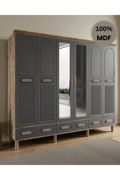 Home Comiet Perry 6 Kapaklı Aynalı Çekmeceli MDF Gardırop ürün görseli