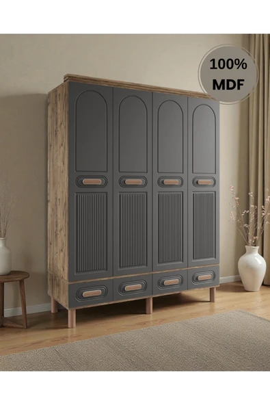 Home Comiet Perry 4 Kapaklı Mdf Çekmeceli Antrasit Gardırop - Resim 2