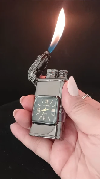 Füme Metal Timsah Başlıklı Saatli Jet Alevli Çakmak - Resim 2