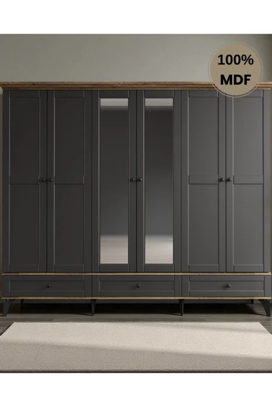 comiet Silva 6 Kapaklı Çekmeceli-ayaklı tasarım country MDF Gardırop - Resim 2