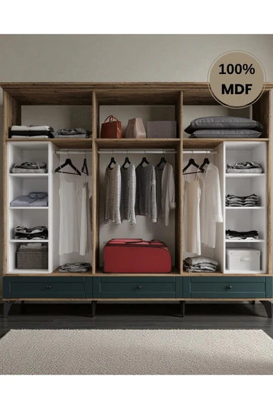 comiet Silva 6 Kapaklı Çekmeceli-ayaklı tasarım country MDF Gardırop - Resim 3