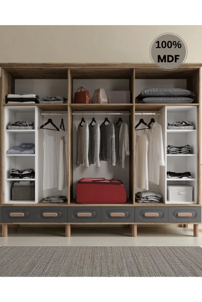 Home Comiet Perry 6 Kapaklı Aynalı Çekmeceli MDF Gardırop - Resim 3