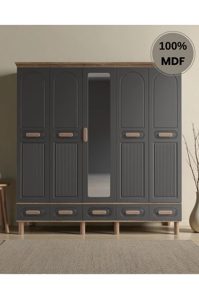 Home Comiet Perry 5 Kapaklı Aynalı Çekmeceli MDF Gardırop ürün görseli