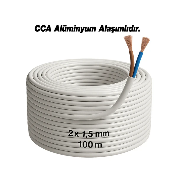 CCA Çok Telli Kablo 2x1.5 mm 100 Metre Elektrik Kablosu Topraklama Yok Alüminyum Alışım Beyaz Renk - Resim 4
