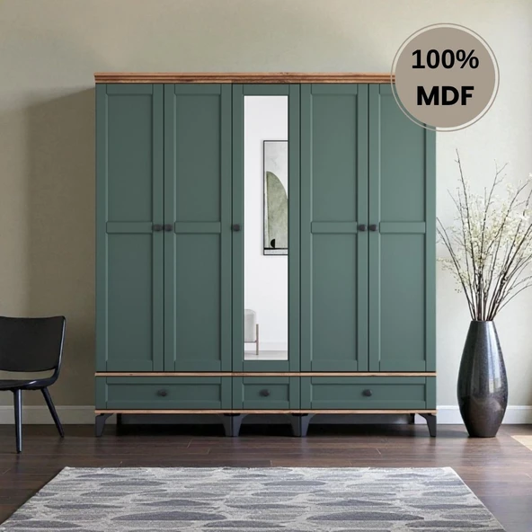 comiet Silva 5 Kapaklı Çekmeceli ayaklı tasarım country MDF Gardırop - Resim 2