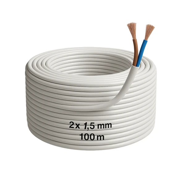 CCA Çok Telli Kablo 2x1.5 mm 100 Metre Elektrik Kablosu Topraklama Yok Alüminyum Alışım Beyaz Renk ürün görseli