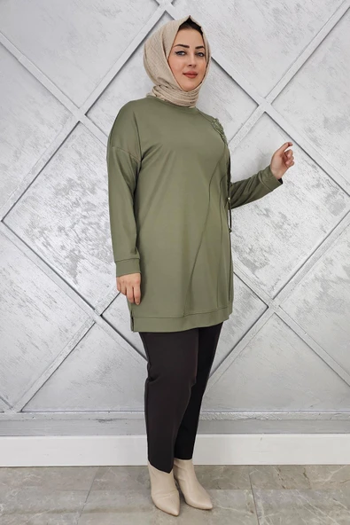 KADIN ÇİÇEKLİ NERVÜR DİKİM DETAYLI TESETTÜR TUNİK - Resim 3