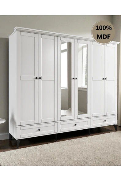 comiet Silva 6 Kapaklı Çekmeceli ayaklı tasarım country MDF Gardırop - Resim 3