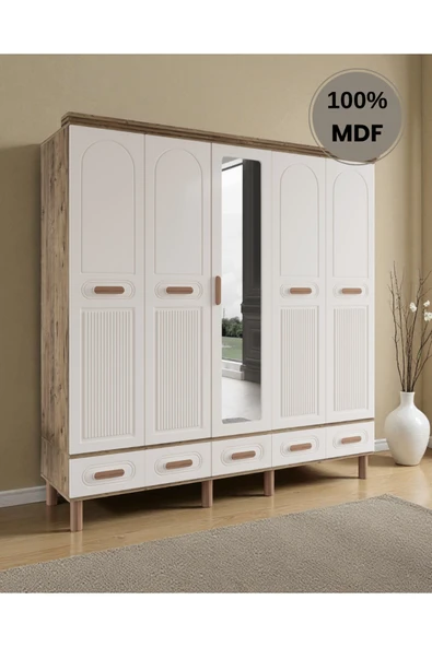 Home Comiet Perry 5 Kapaklı Aynalı Çekmeceli MDF Gardırop - Resim 2