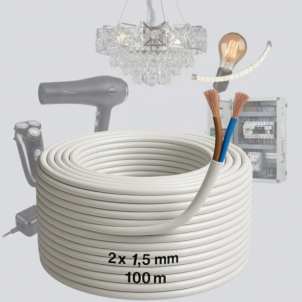 CCA Çok Telli Kablo 2x1.5 mm 100 Metre Elektrik Kablosu Topraklama Yok Alüminyum Alışım Beyaz Renk - Resim 3