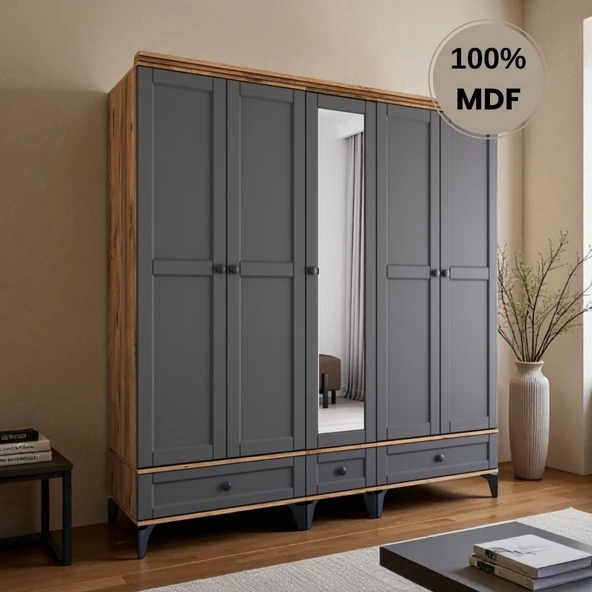 comiet Silva 5 Kapaklı Çekmeceli ayaklı tasarım country MDF Gardırop - Resim 2