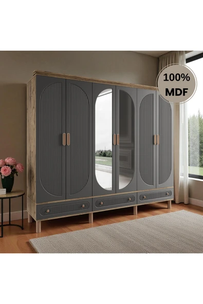 Home Comiet Sally 6 Kapaklı Aynalı Çekmeceli MDF Gardırop - Resim 2