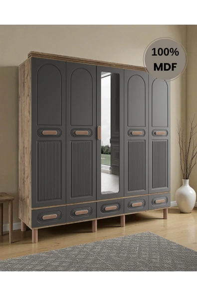 Home Comiet Perry 5 Kapaklı Aynalı Çekmeceli MDF Gardırop - Resim 2
