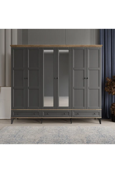 comiet Toprak 6 Kapaklı Aynalı Çekmeceli Mdf Gardırop ürün görseli