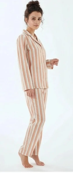 Viskon Çizgili Pijama Takımı | Kadın Uzun Kollu Rahat Pijama ürün görseli