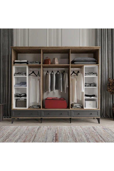 comiet Toprak 6 Kapaklı Aynalı Çekmeceli Mdf Gardırop - Resim 3