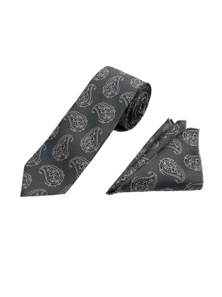 Brianze 7 Cm Gri Siyah Şal Desen Kravat Mendil Set - Resim 2
