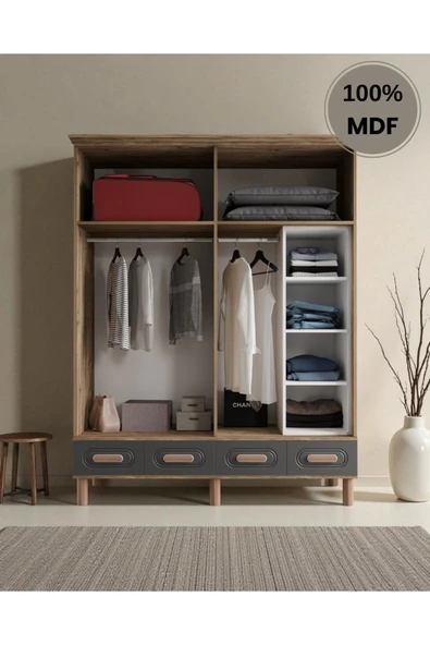Home Comiet Perry 4 Kapaklı Mdf Çekmeceli Antrasit Gardırop - Resim 3