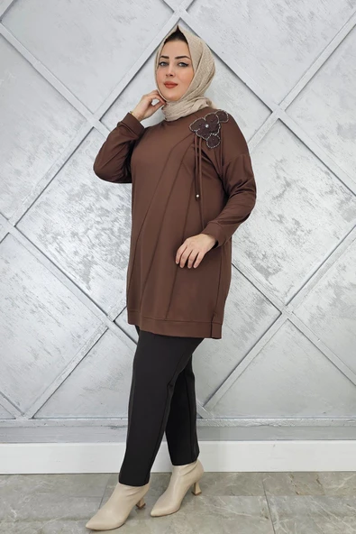 KADIN ÇİÇEKLİ NERVÜR DİKİM DETAYLI TESETTÜR TUNİK - Resim 5