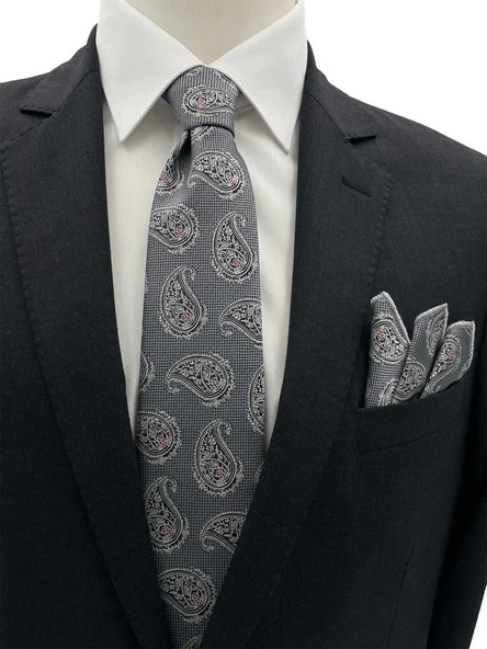 Brianze 7 Cm Gri Siyah Şal Desen Kravat Mendil Set ürün görseli 1