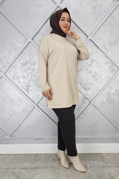 KADIN ÇİÇEKLİ NERVÜR DİKİM DETAYLI TESETTÜR TUNİK ürün görseli