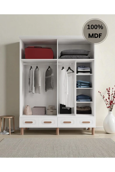 Home Comiet Perry 4 Kapaklı MDF Çekmeceli Beyaz Gardırop - Resim 3