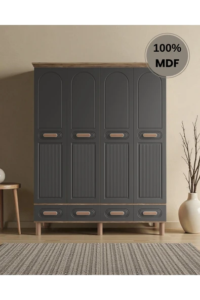 Home Comiet Perry 4 Kapaklı Mdf Çekmeceli Antrasit Gardırop ürün görseli