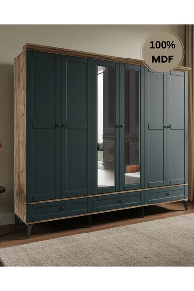 comiet Silva 6 Kapaklı Çekmeceli-ayaklı tasarım country MDF Gardırop - Resim 2