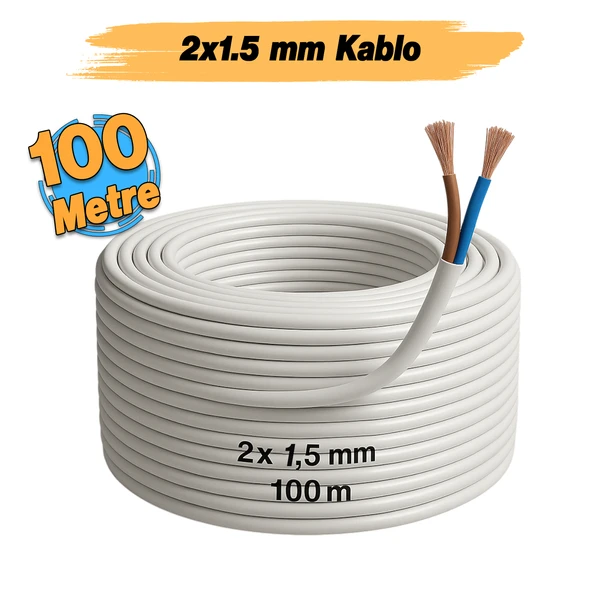 CCA Çok Telli Kablo 2x1.5 mm 100 Metre Elektrik Kablosu Topraklama Yok Alüminyum Alışım Beyaz Renk - Resim 2