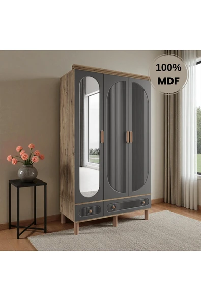 Home Comiet Sally 3 Kapaklı Aynalı MDF Çekmeceli Antrasit Gardırop ürün görseli