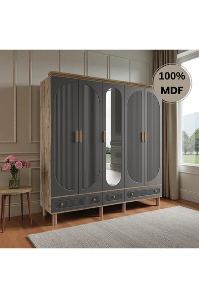 Home Comiet Sally 5 Kapaklı Aynalı Çekmeceli MDF Gardırop - Resim 2