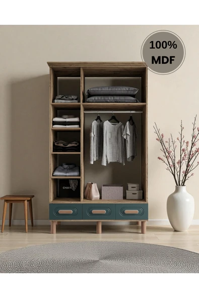 Home Comiet Pera 3 Kapaklı MDF Çekmeceli Haki Gardırop - Resim 3