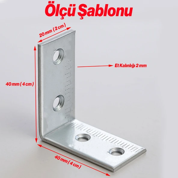 Raf Köşe Bağlantı Demiri 20x40x40 mm Metal L Aparat (50 Adet) Dolap Mobilya Sabitleme Destek Seti - Resim 3