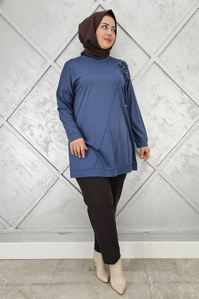 KADIN ÇİÇEKLİ NERVÜR DİKİM DETAYLI TESETTÜR TUNİK - Resim 4