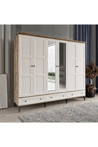 comiet Toprak 6 Kapaklı Aynalı Çekmeceli Mdf Gardırop - Resim 3