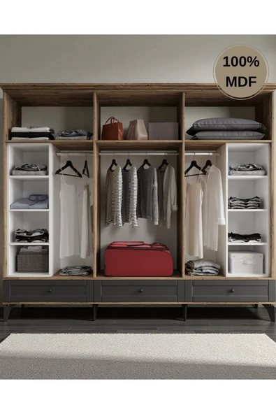 comiet Silva 6 Kapaklı Çekmeceli-ayaklı tasarım country MDF Gardırop - Resim 3