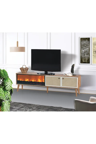 comiet Hazeran hasır detaylı elektrik şömineli tv sehpası konsol ürün görseli