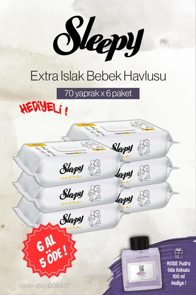 Sleepy Extra 70'li Islak Bebek Havlusu 6 AL 5 ÖDE, Rosie Pudra Oda Kokusu ürün görseli