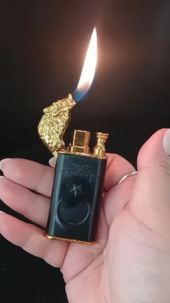 Mat Siyah Lüks Hediye Çakmak - Gold Kurt Figürlü Ay Yıldız Kabartmalı - Resim 2